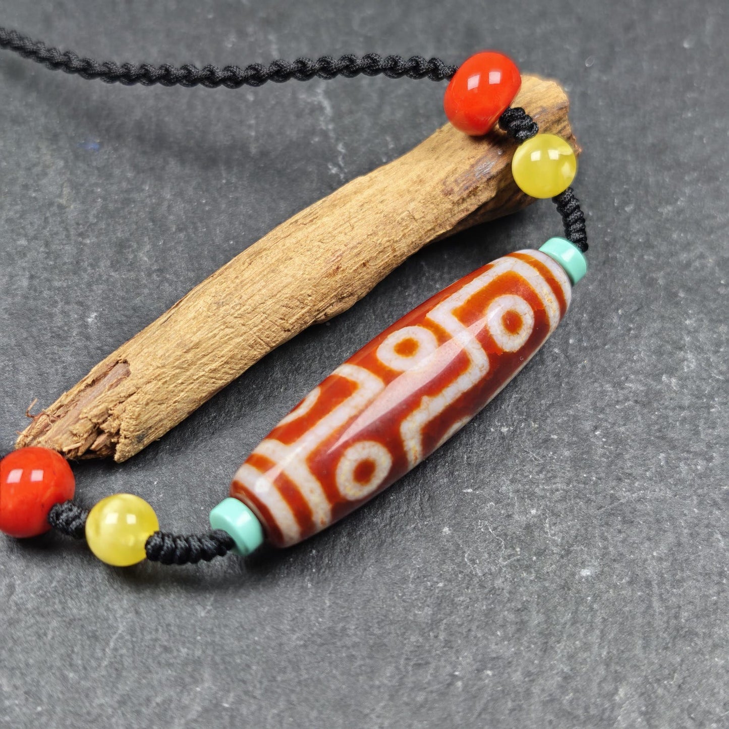 Unique Fire Agate 9 Eyes Dzi Bead Necklace