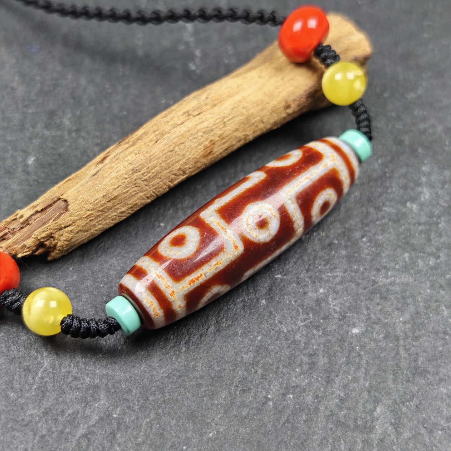 Unique Fire Agate 9 Eyes Dzi Bead Necklace