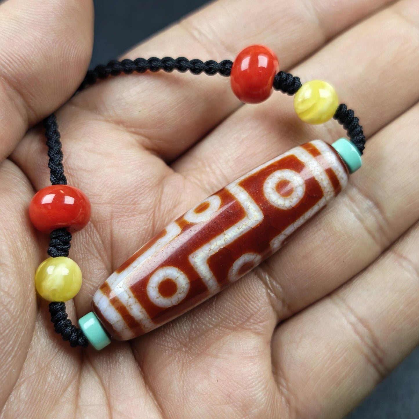 Unique Fire Agate 9 Eyes Dzi Bead Necklace