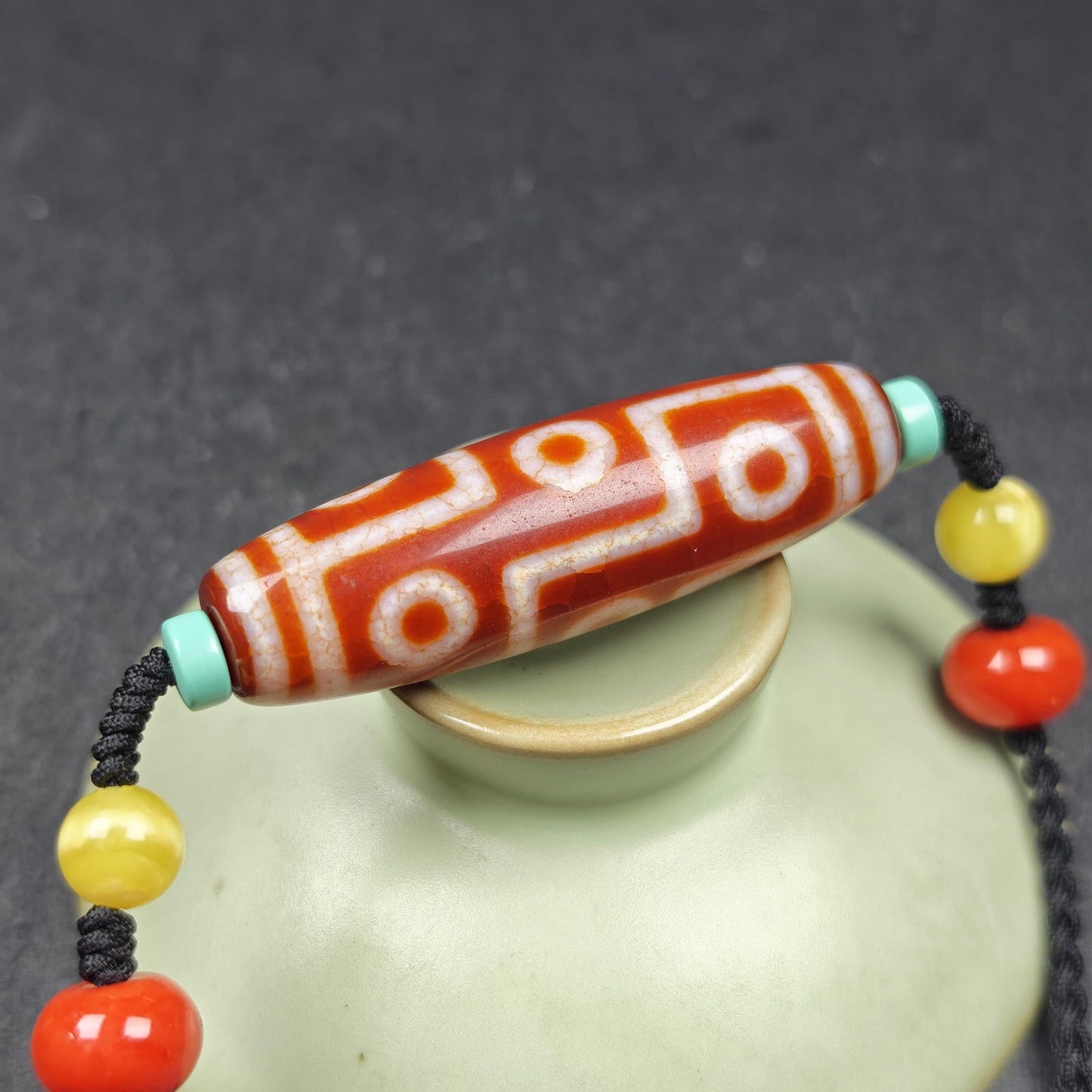 Unique Fire Agate 9 Eyes Dzi Bead Necklace