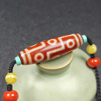 Unique Fire Agate 9 Eyes Dzi Bead Necklace