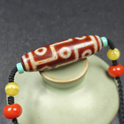 Unique Fire Agate 9 Eyes Dzi Bead Necklace