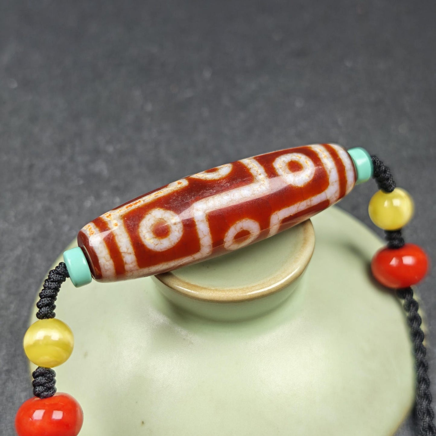 Unique Fire Agate 9 Eyes Dzi Bead Necklace