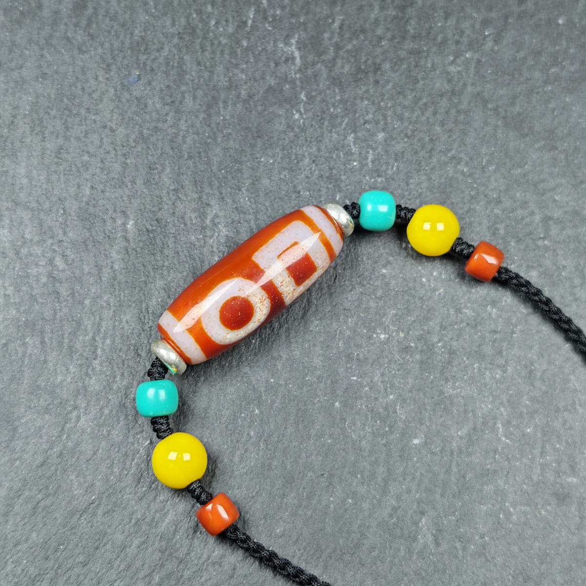Fire Agate Sky & Earth Dzi Bead Necklace - Tibetan Buddhist bead necklace, detailed view