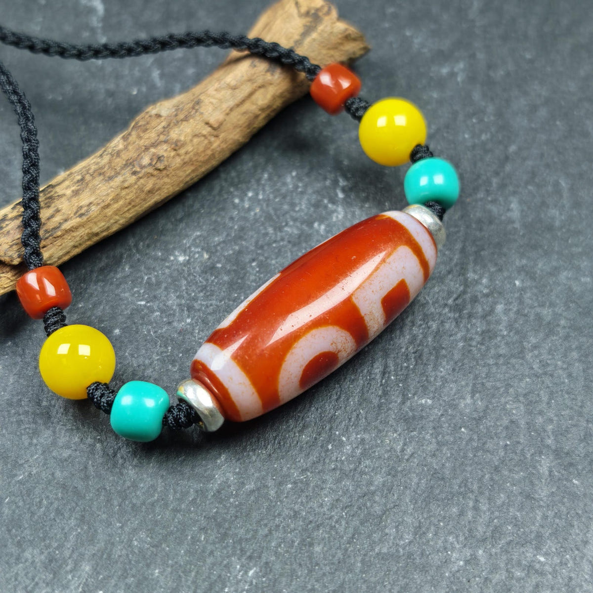 Fire Agate Sky & Earth Dzi Bead Necklace - Tibetan Buddhist bead necklace, view 5