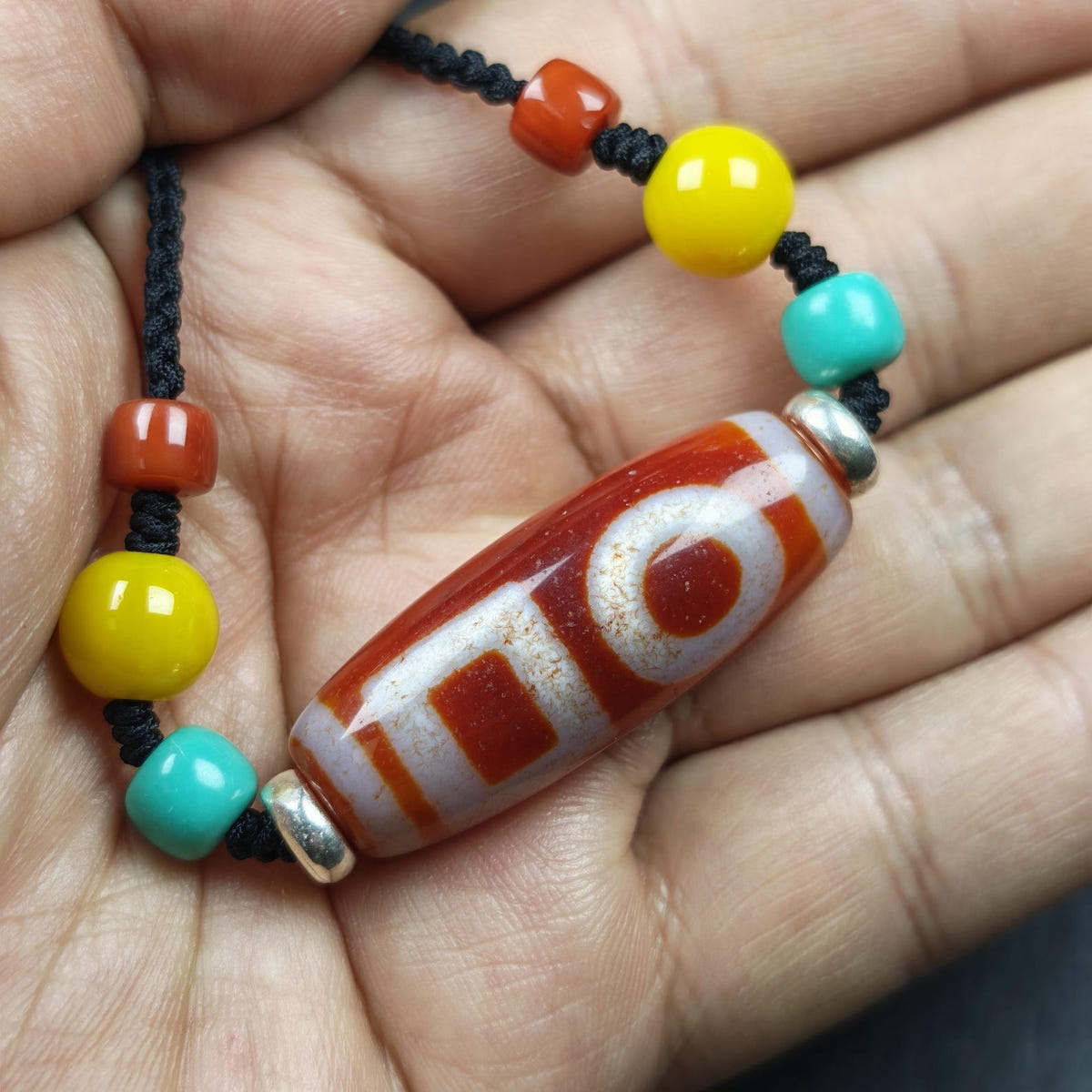 Fire Agate Sky & Earth Dzi Bead Necklace - Tibetan Buddhist bead necklace, view 11
