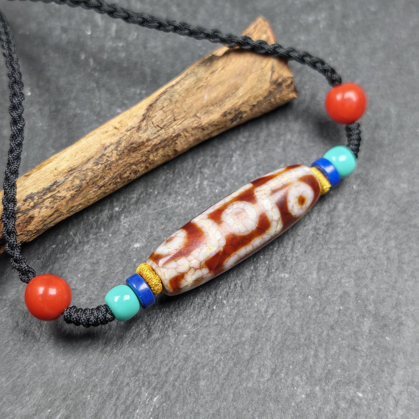 Fire Agate 9 Eye Dzi Bead Necklace