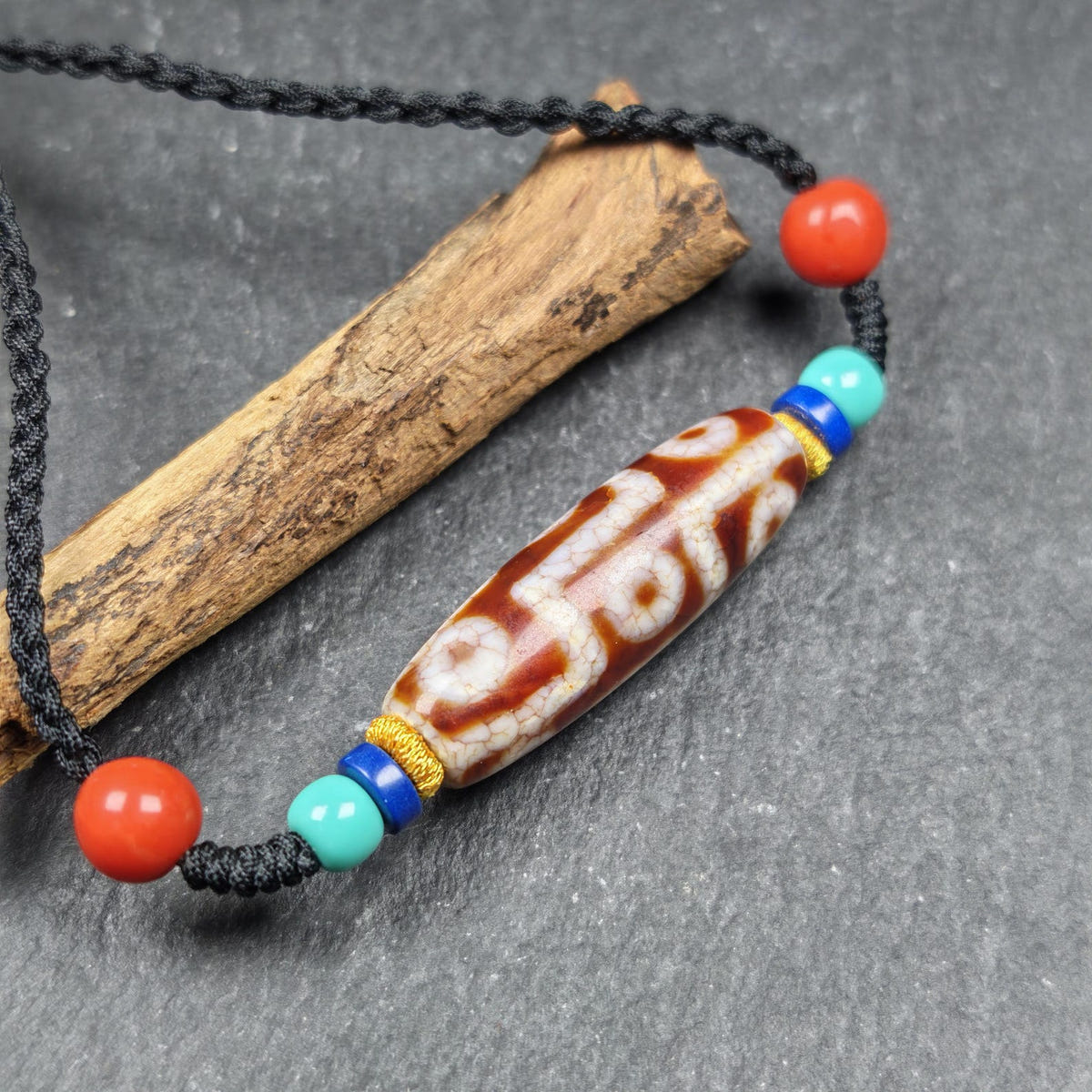 Fire Agate 9 Eye Dzi Bead Necklace - Tibetan Buddhist bead necklace, view 5