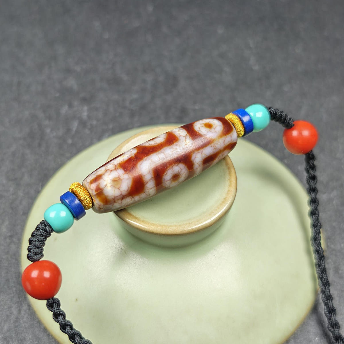 Fire Agate 9 Eye Dzi Bead Necklace - Tibetan Buddhist bead necklace, view 8