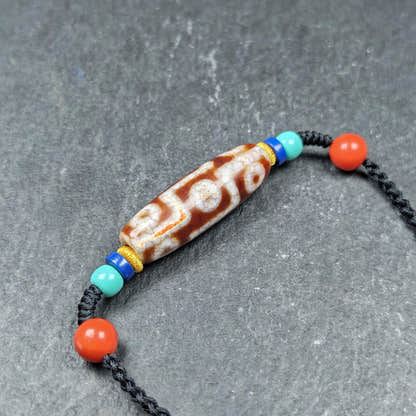 Fire Agate 9 Eye Dzi Bead Necklace - Tibetan Buddhist bead necklace, detailed view