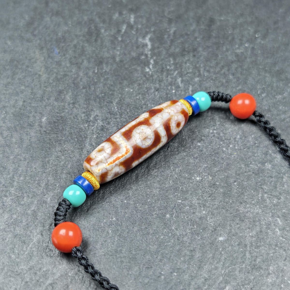 Fire Agate 9 Eye Dzi Bead Necklace - Tibetan Buddhist bead necklace, detailed view