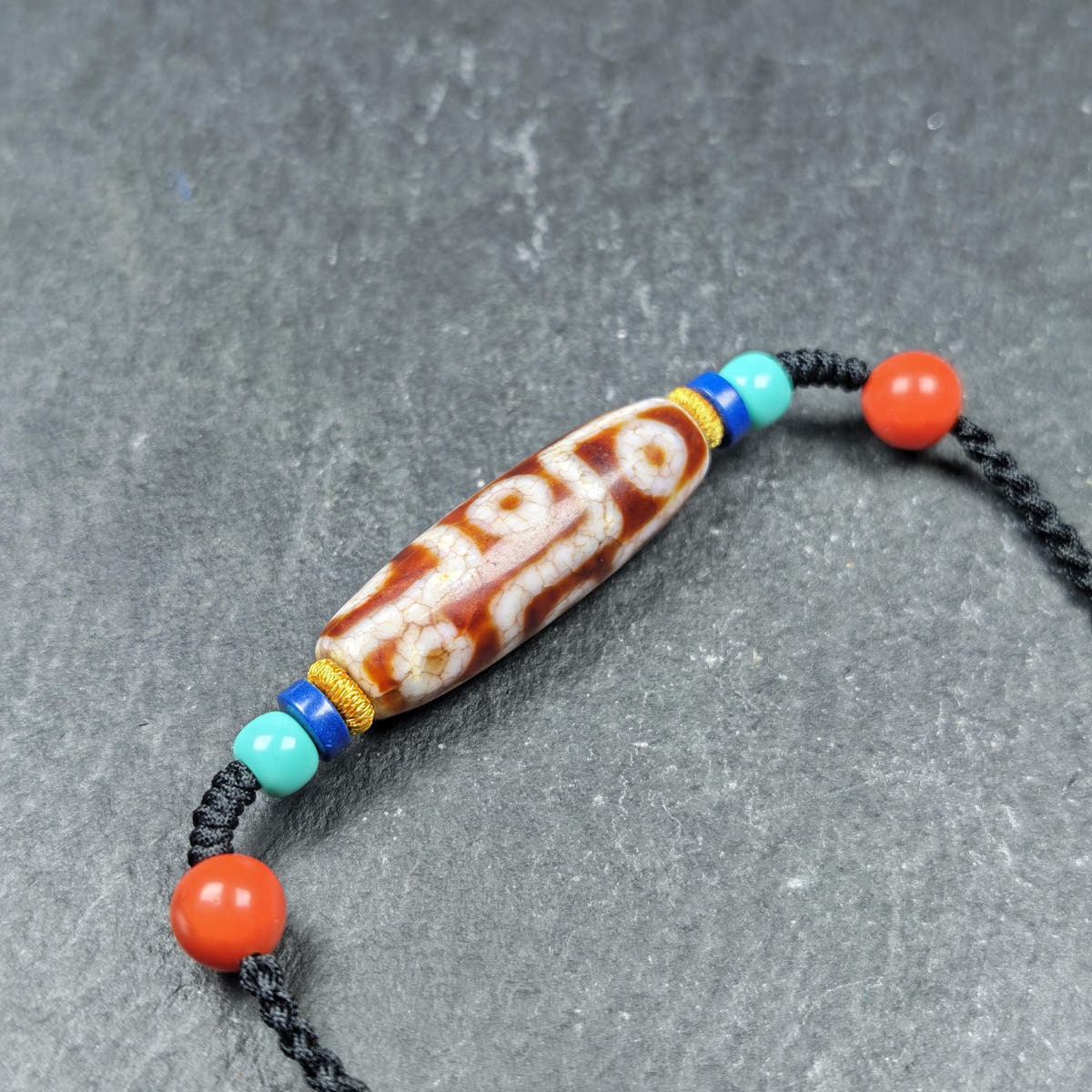 Fire Agate 9 Eye Dzi Bead Necklace - Tibetan Buddhist bead necklace, view 4
