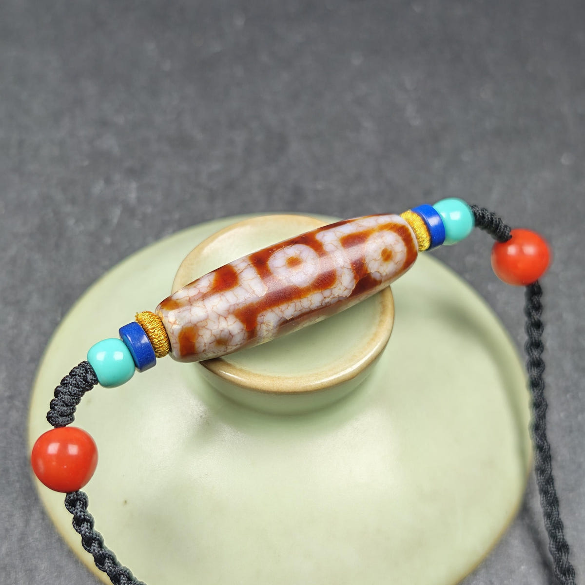 Fire Agate 9 Eye Dzi Bead Necklace - Tibetan Buddhist bead necklace, view 9