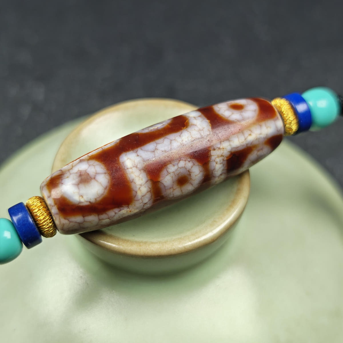 Fire Agate 9 Eye Dzi Bead Necklace - Tibetan Buddhist bead necklace, view 10