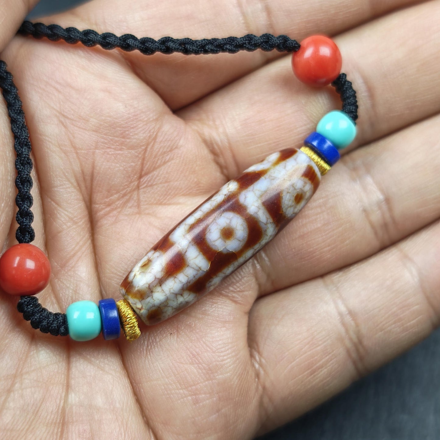 Fire Agate 9 Eye Dzi Bead Necklace