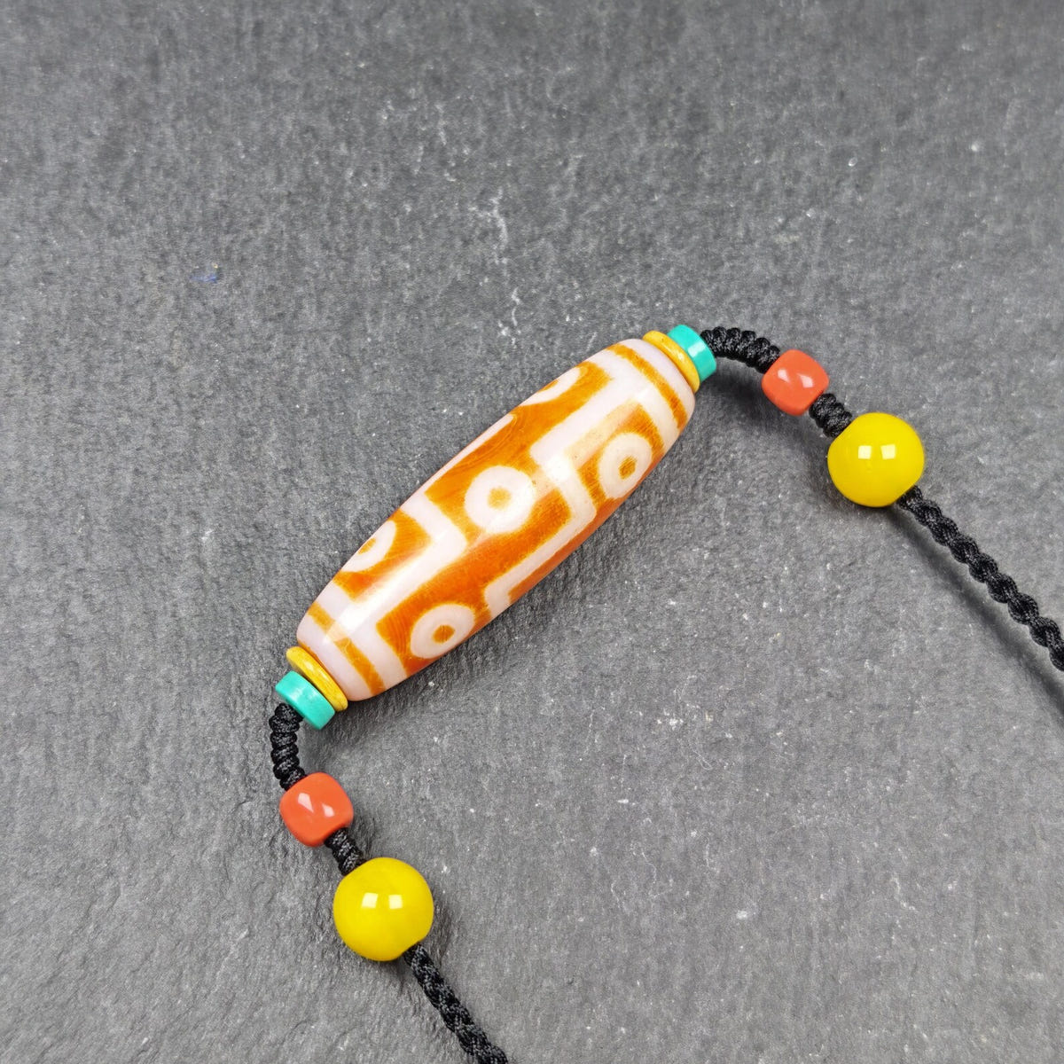 Fire Agate 9 Eyes Dzi Bead Necklace - Tibetan Buddhist bead necklace, front view
