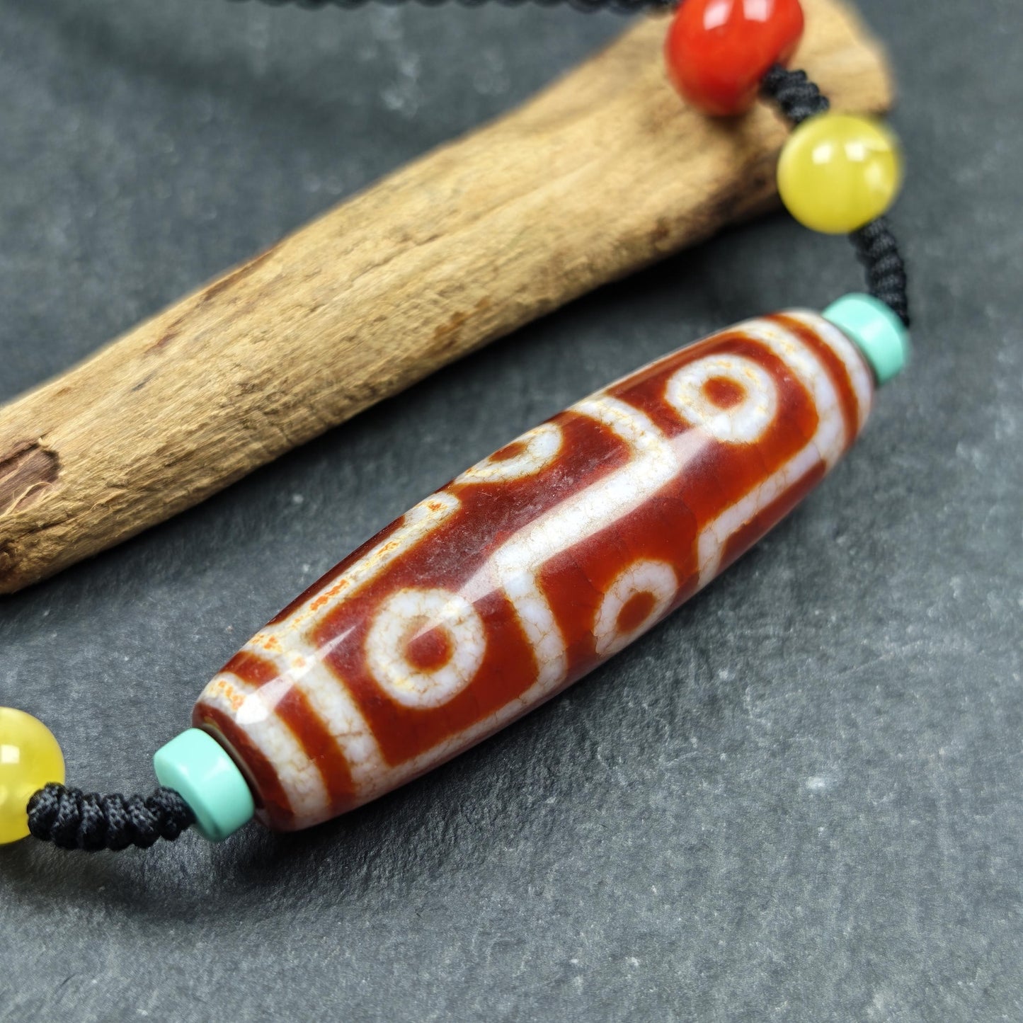 Unique Fire Agate 9 Eyes Dzi Bead Necklace