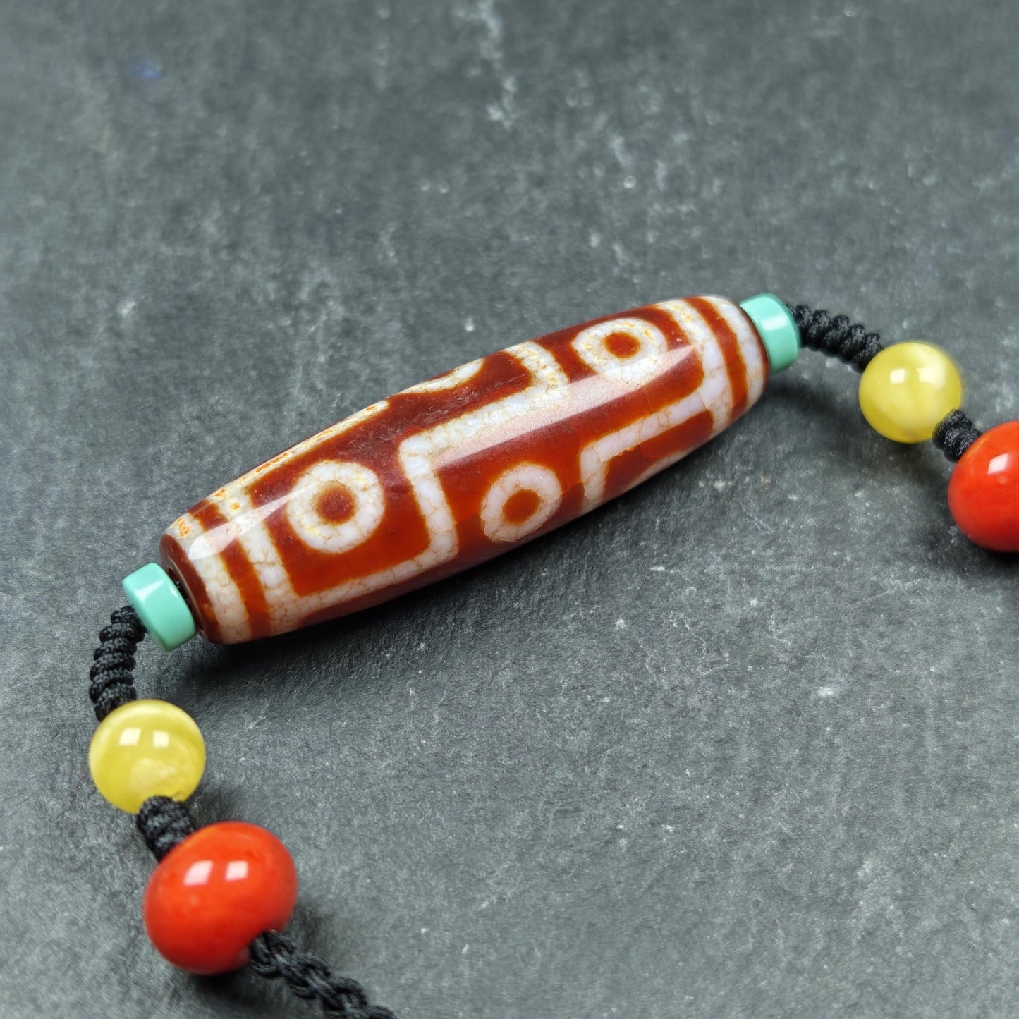 Unique Fire Agate 9 Eyes Dzi Bead Necklace