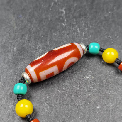 Fire Agate Sky & Earth Dzi Bead Necklace - Tibetan Buddhist bead necklace, close-up detail