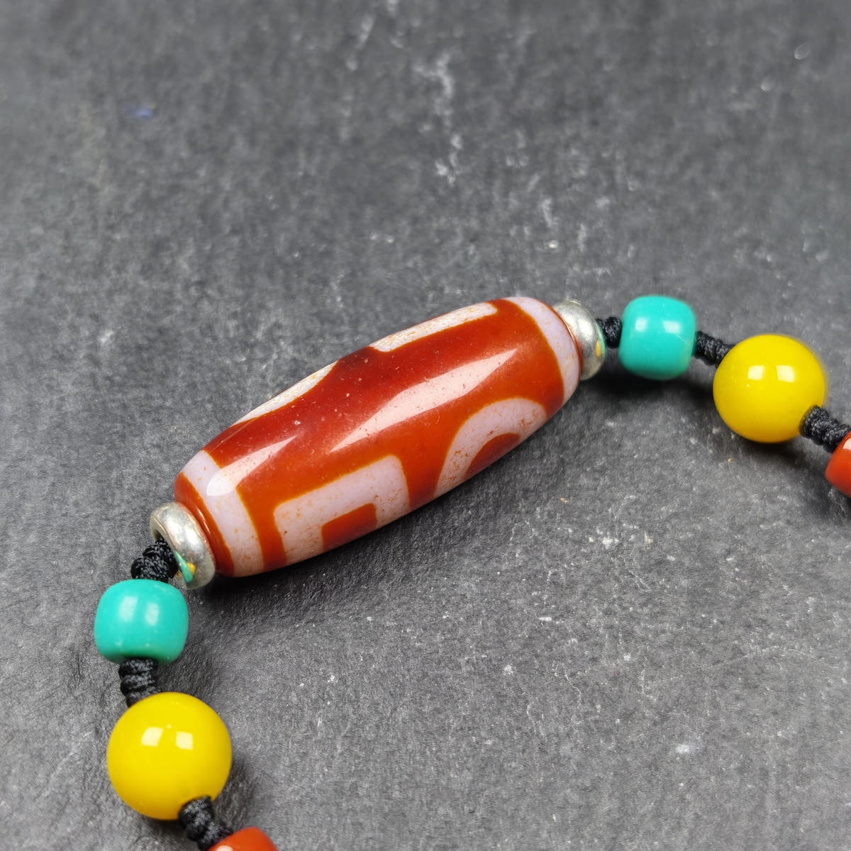 Fire Agate Sky & Earth Dzi Bead Necklace - Tibetan Buddhist bead necklace, close-up detail