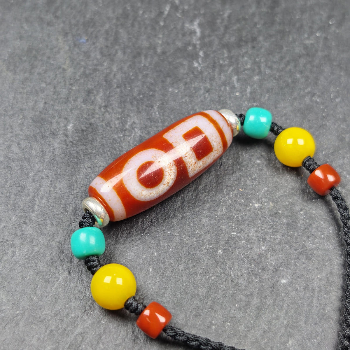 Fire Agate Sky & Earth Dzi Bead Necklace - Tibetan Buddhist bead necklace, front view