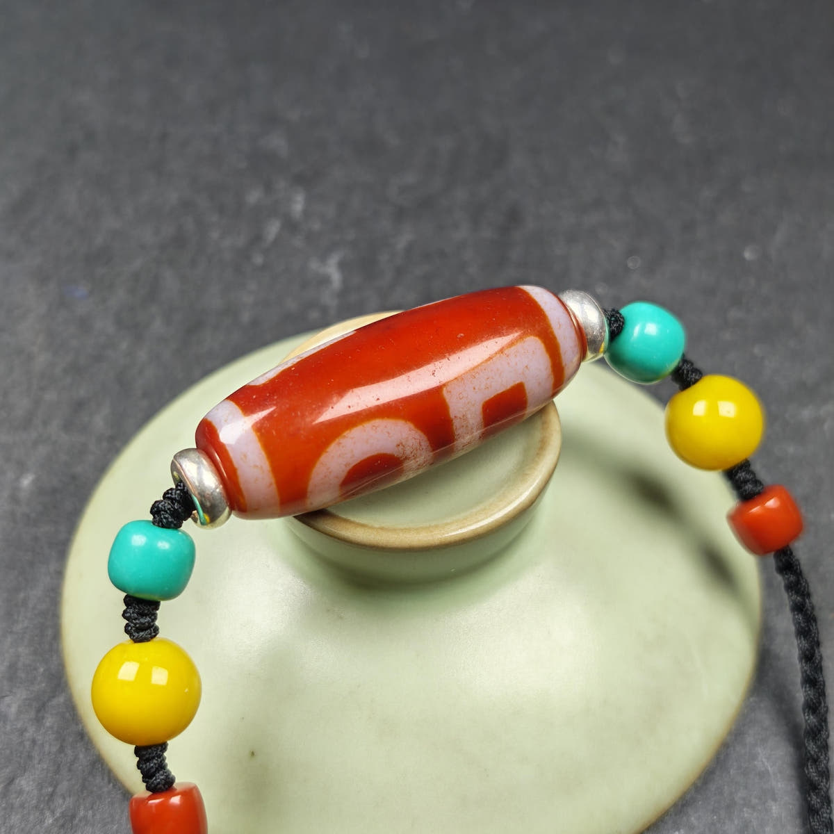 Fire Agate Sky & Earth Dzi Bead Necklace - Tibetan Buddhist bead necklace, view 9