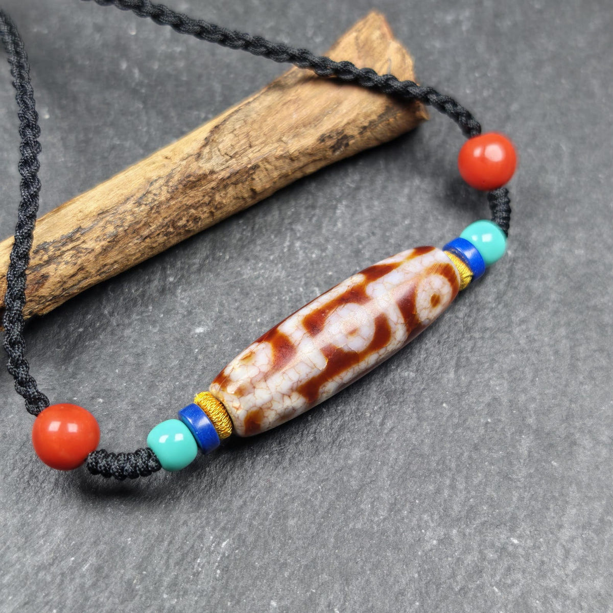Fire Agate 9 Eye Dzi Bead Necklace - Tibetan Buddhist bead necklace, view 7