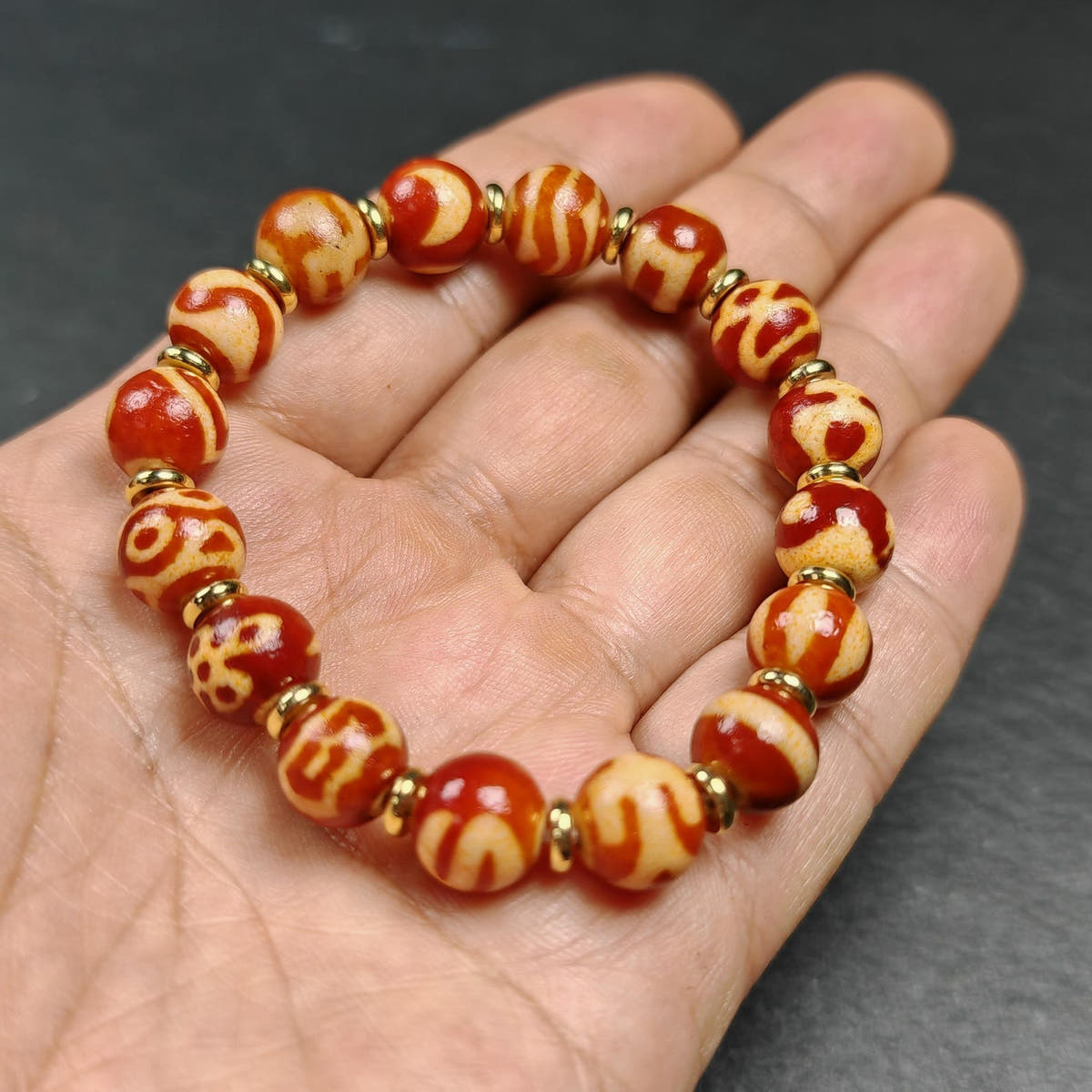 Authentic Tibetan Fire Agate Darlo Dzi Wrist Mala - Tibetan Buddhist mala beads, view 6