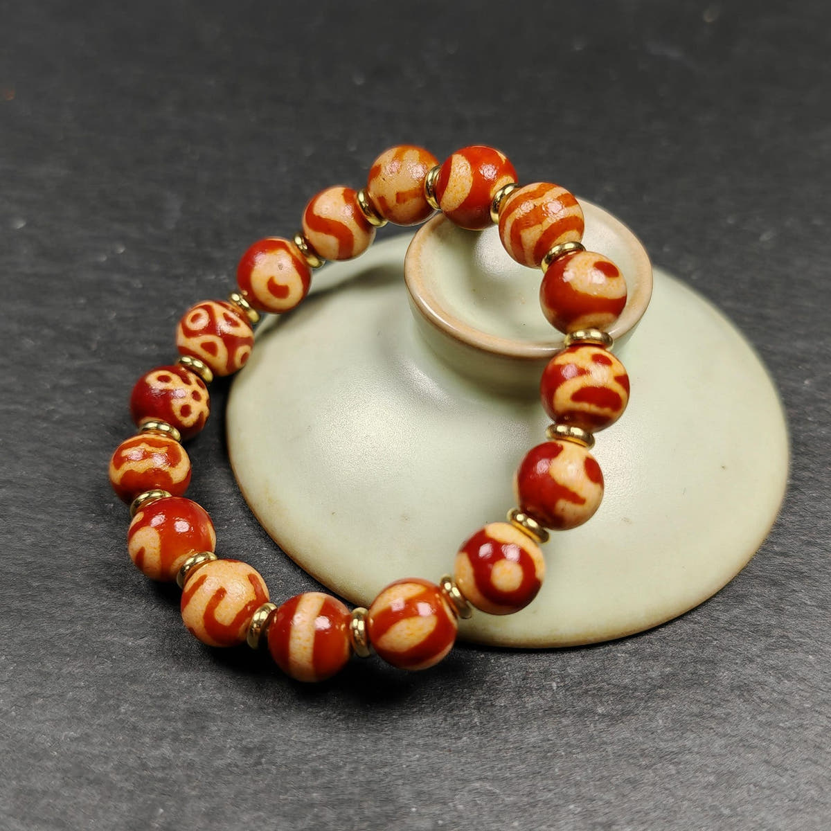 Authentic Tibetan Fire Agate Darlo Dzi Wrist Mala - Tibetan Buddhist mala beads, view 5