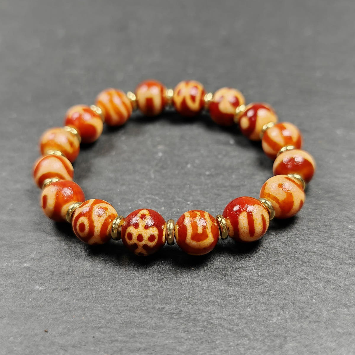 Authentic Tibetan Fire Agate Darlo Dzi Wrist Mala - Tibetan Buddhist mala beads, view 7