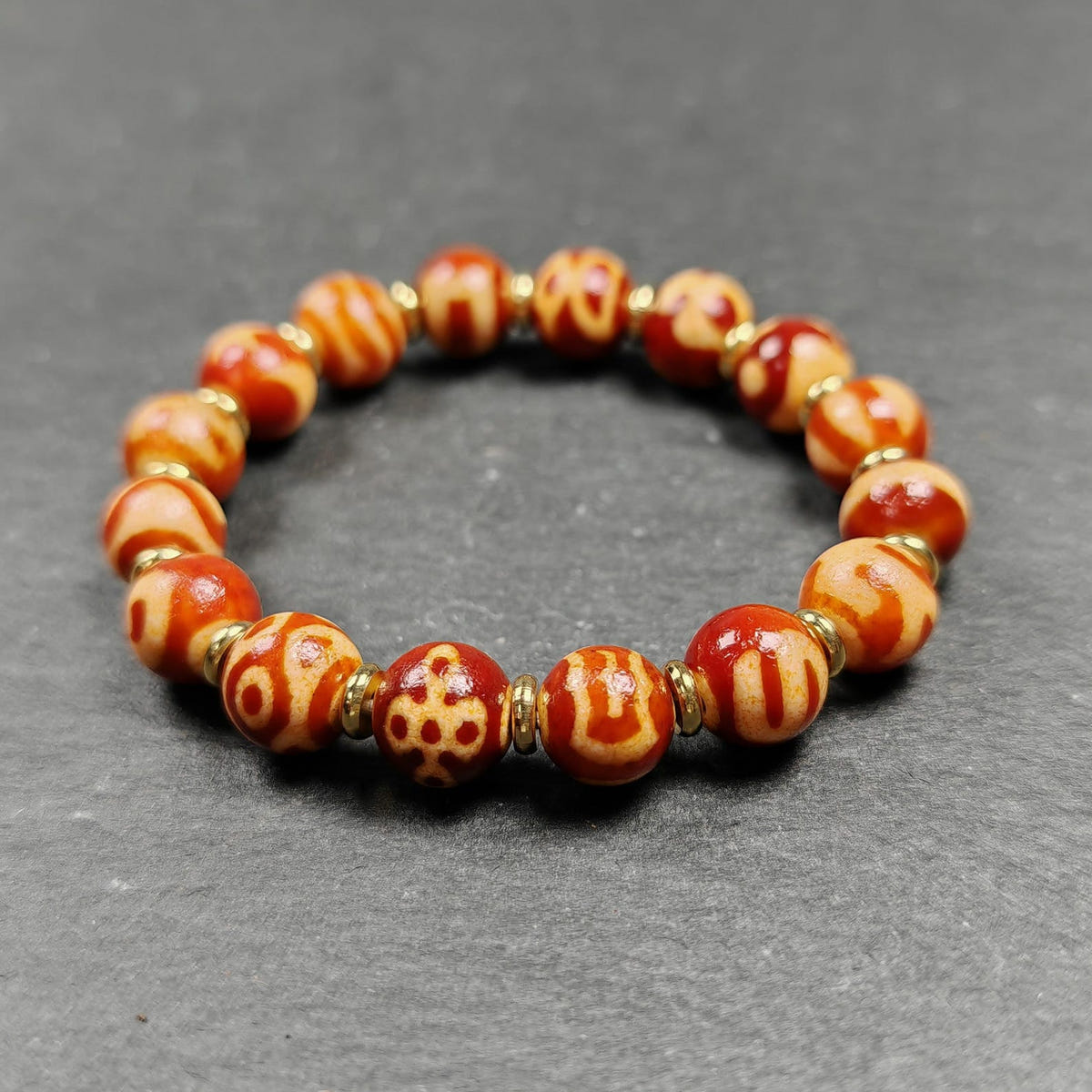 Authentic Tibetan Fire Agate Darlo Dzi Wrist Mala - Tibetan Buddhist mala beads, view 7