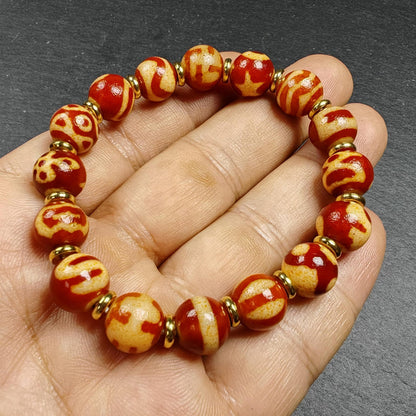 Authentic Tibetan Fire Agate Darlo Dzi Wrist Mala | Assorted Dzi Beads Bracelet