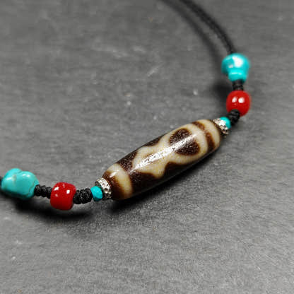 Vintage Benefactor Dzi Bead Necklace - Tibetan Buddhist bead necklace, detailed view