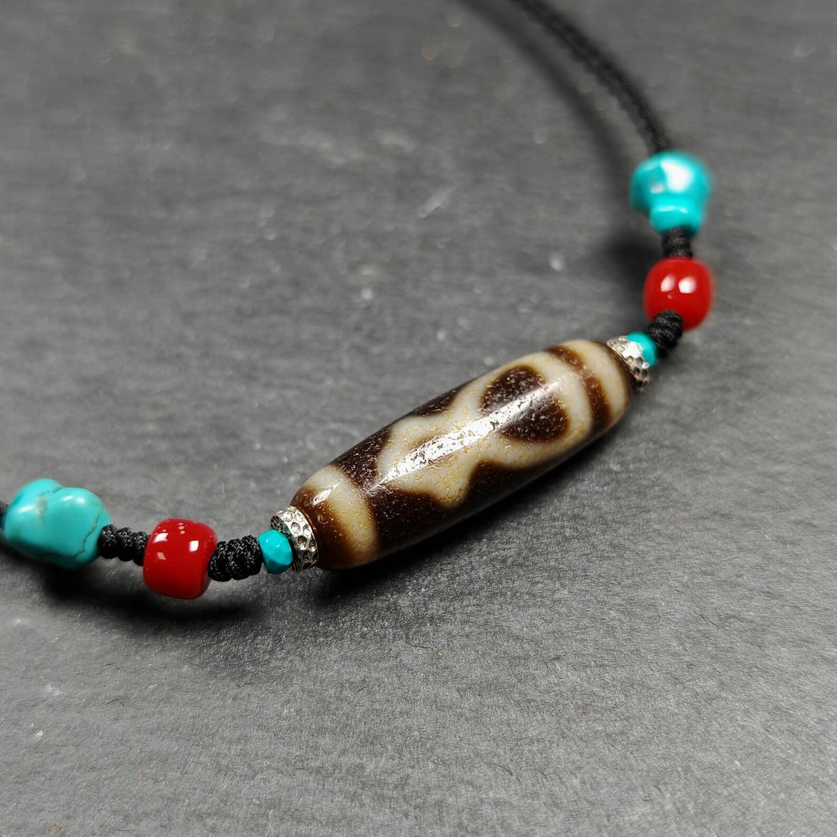 Vintage Benefactor Dzi Bead Necklace - Tibetan Buddhist bead necklace, detailed view