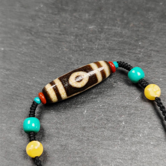 Vintage 3 Eyes Dzi Bead Necklace - Tibetan Buddhist bead necklace, front view