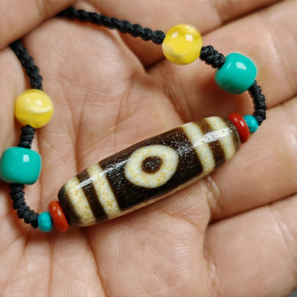 Vintage 3 Eyes Dzi Bead Necklace - Tibetan Buddhist bead necklace, close-up detail