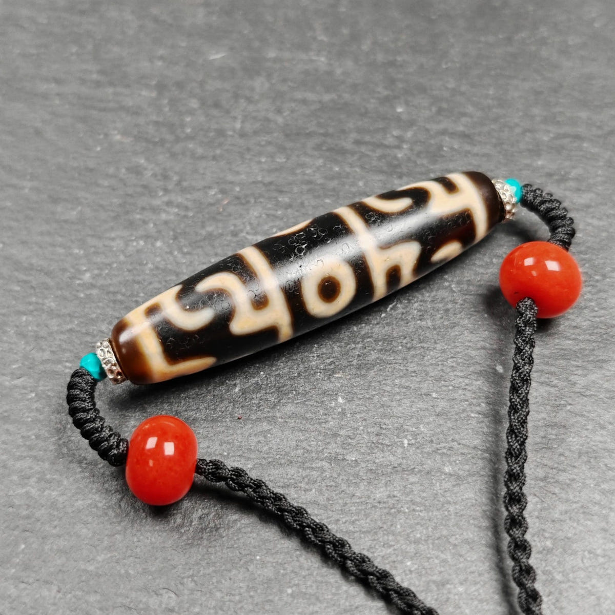 Guru Rinpoche Three Realms 3 Eyes Dzi Bead,50 - Tibetan Buddhist bead necklace, front view