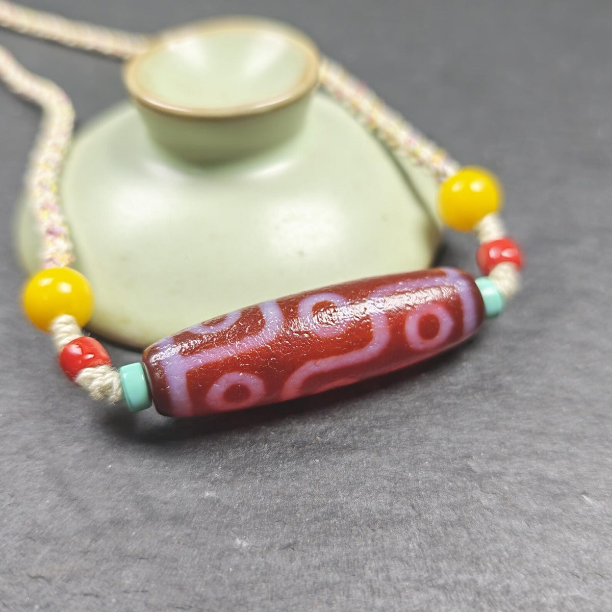 Fire Agate 9 Eyes Dzi Bead Necklace with Turquoise & Topaz - Tibetan Buddhist bead necklace, view 5