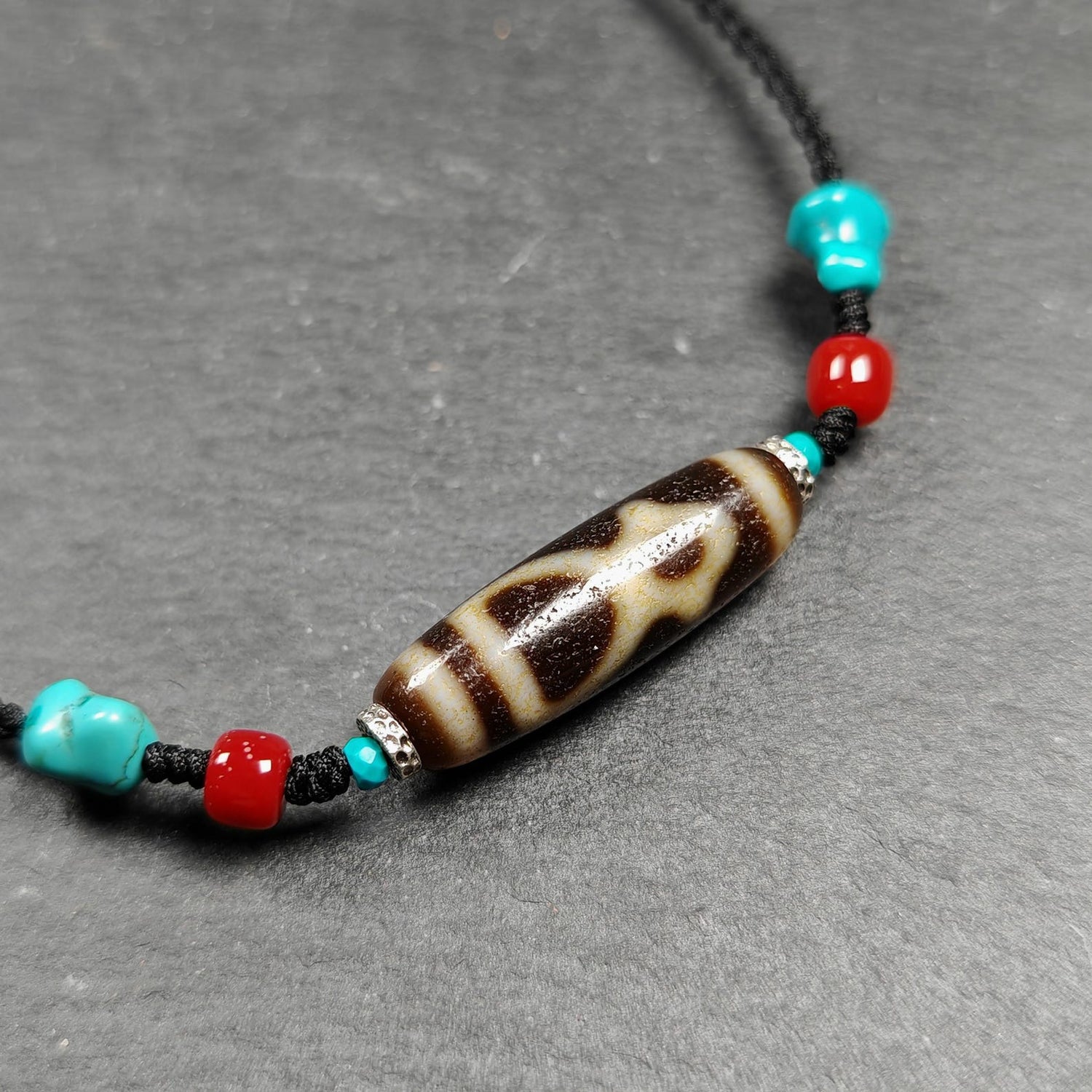 Vintage Benefactor Dzi Bead Necklace - Tibetan Buddhist bead necklace, front view