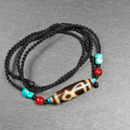 Vintage Benefactor Dzi Bead Necklace - Tibetan Buddhist bead necklace, close-up detail