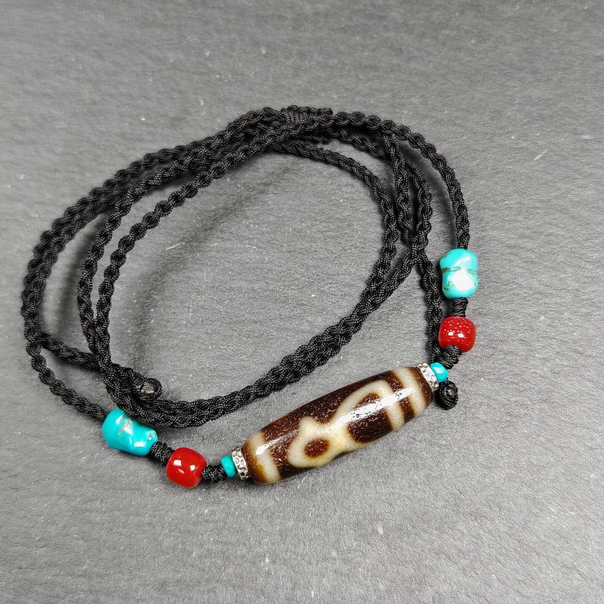 Vintage Benefactor Dzi Bead Necklace - Tibetan Buddhist bead necklace, close-up detail