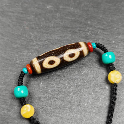 Vintage 3 Eyes Dzi Bead Necklace - Tibetan Buddhist bead necklace, detailed view