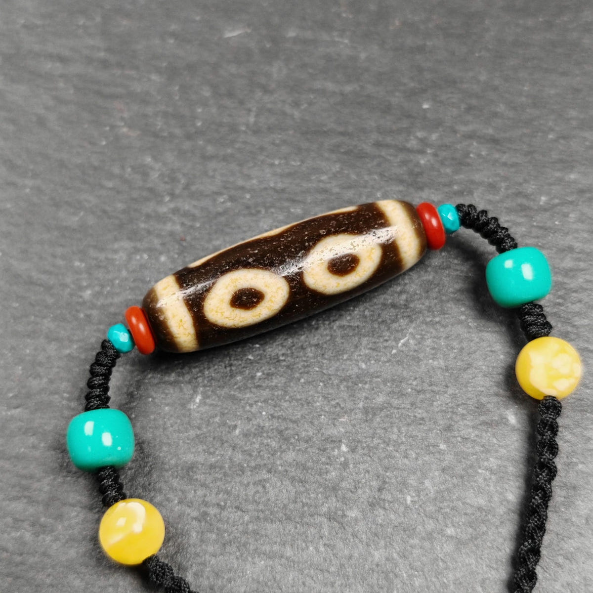 Vintage 3 Eyes Dzi Bead Necklace - Tibetan Buddhist bead necklace, detailed view