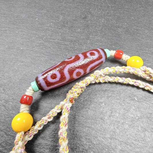 Fire Agate 9 Eyes Dzi Bead Necklace with Turquoise & Topaz - Tibetan Buddhist bead necklace, front view