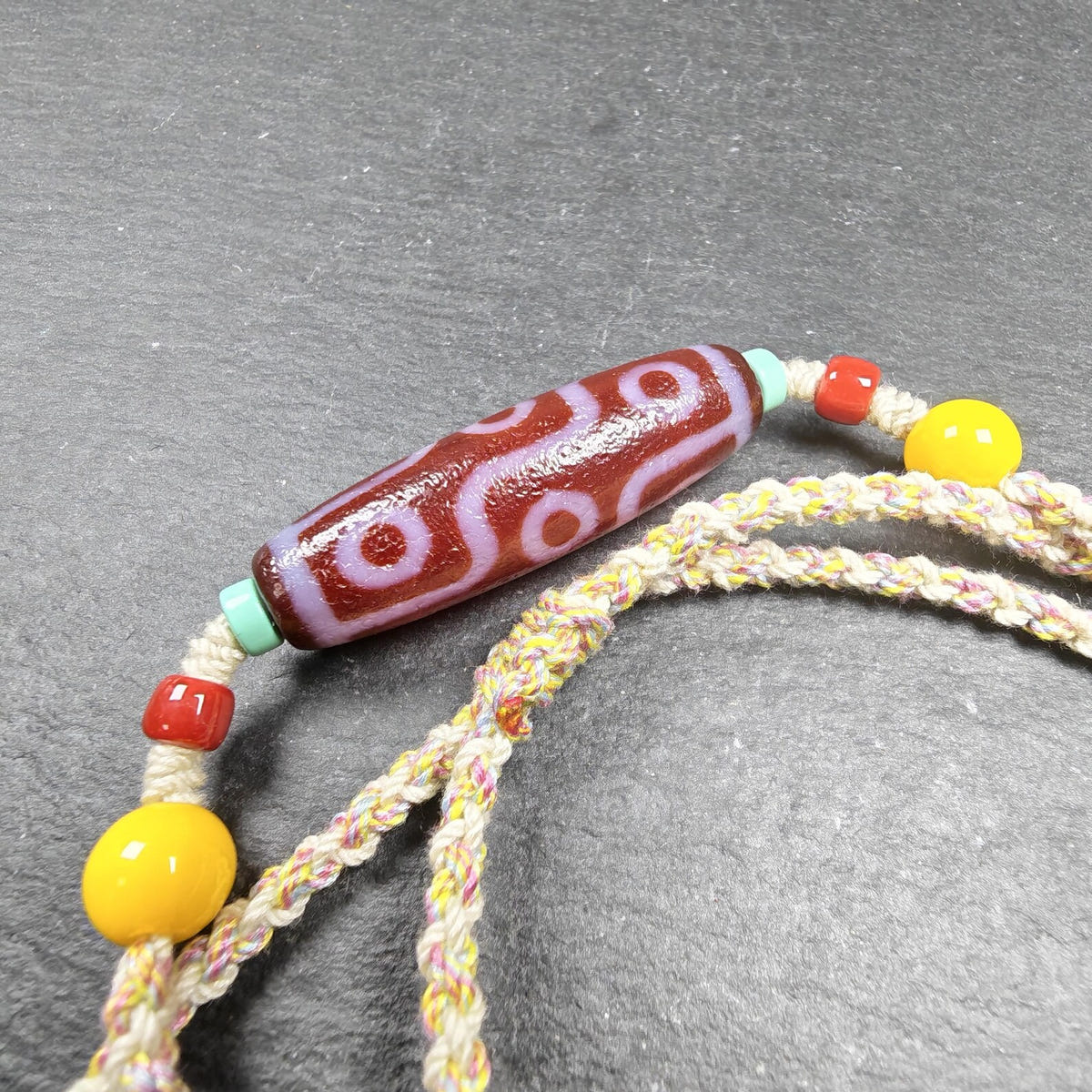 Fire Agate 9 Eyes Dzi Bead Necklace with Turquoise & Topaz - Tibetan Buddhist bead necklace, front view