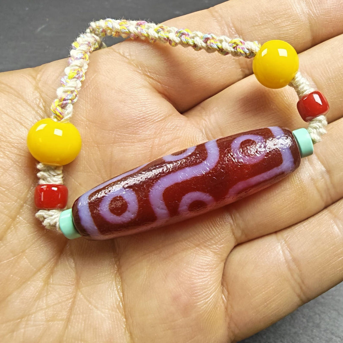 Fire Agate 9 Eyes Dzi Bead Necklace with Turquoise & Topaz - Tibetan Buddhist bead necklace, detailed view