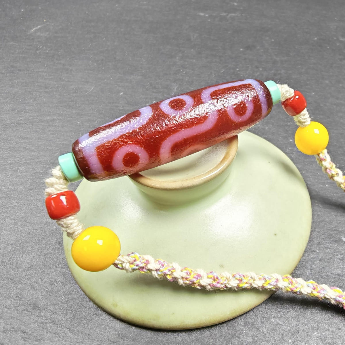 Fire Agate 9 Eyes Dzi Bead Necklace with Turquoise & Topaz - Tibetan Buddhist bead necklace, close-up detail