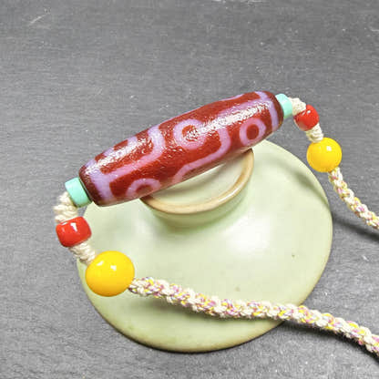 Fire Agate 9 Eyes Dzi Bead Necklace with Turquoise & Topaz - Tibetan Buddhist bead necklace, view 4