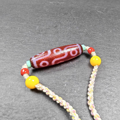 Fire Agate 9 Eyes Dzi Bead Necklace with Turquoise & Topaz - Tibetan Buddhist bead necklace, view 6