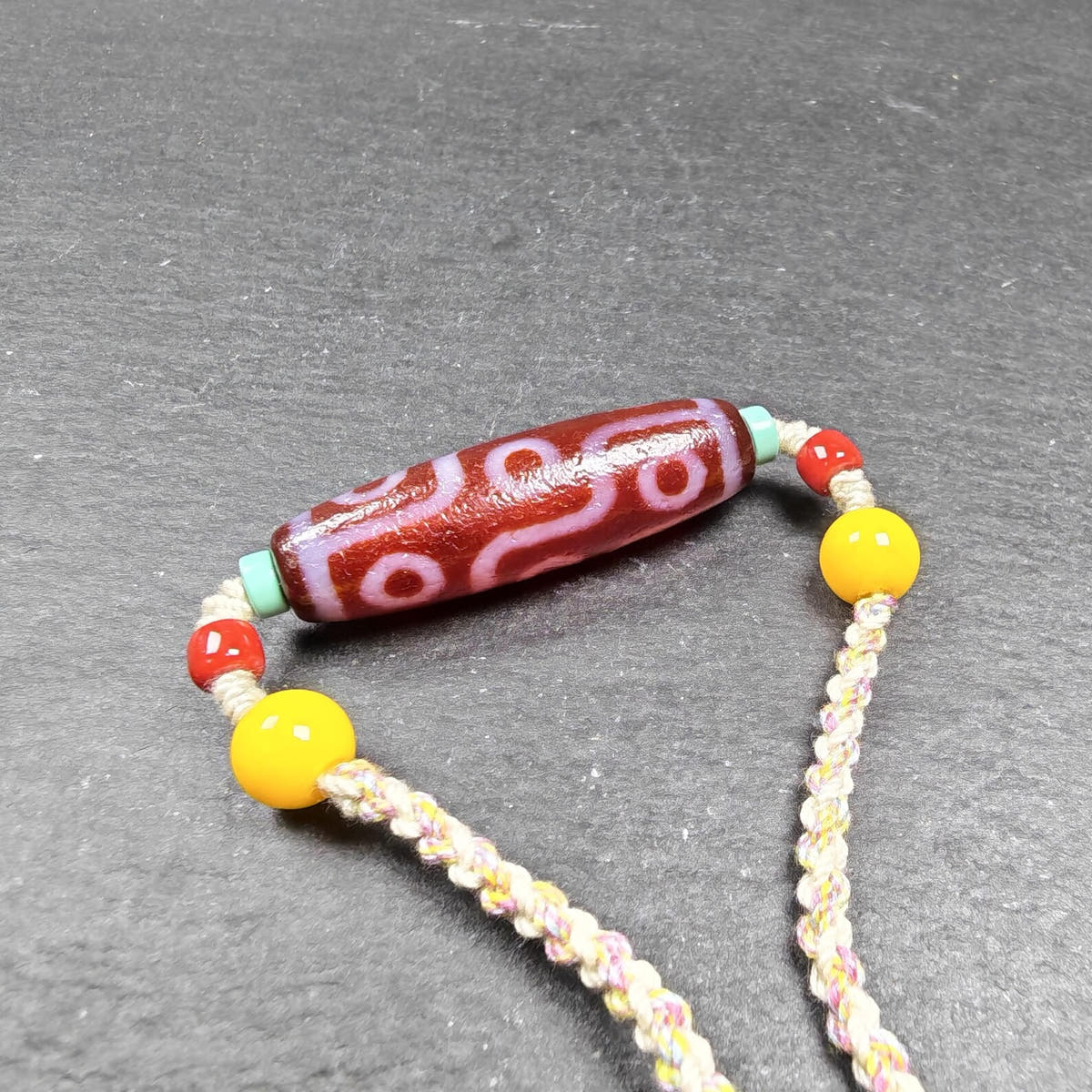 Fire Agate 9 Eyes Dzi Bead Necklace with Turquoise & Topaz - Tibetan Buddhist bead necklace, view 6